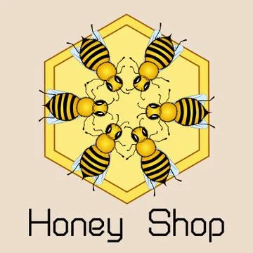 Cute round frame of flying bees, shiny gold print. Honey shop emblem. Vector Stock Illustration