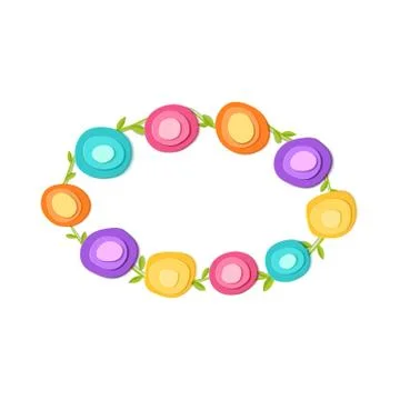 Cute round frame. Paper cut flowers. Vector applique illustration. Flat floral Illustrazione stock