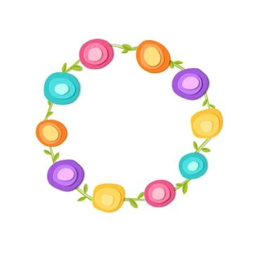 Cute round frame. Paper cut flowers. Vector applique illustration. Flat floral Stock Illustration