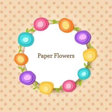 Cute round frame. Paper cut flowers. Vector applique illustration. Flat floral Illustrazione stock