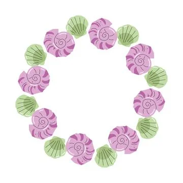 Cute round frame with pink snail seashells and green scallop shells on white Stock Illustration