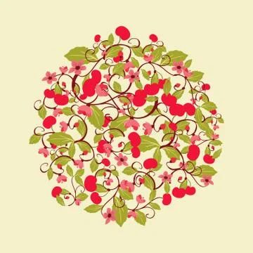 Cute round pattern with Cherries and blossom. Stock Illustration