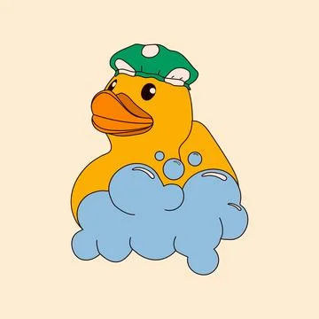A cute rubber duck taking a bath surrounded by bubbles Stock-Illustration