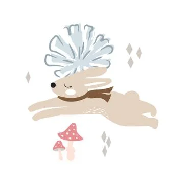 Cute running bunny in the woods vector illustration. 스톡 일러스트