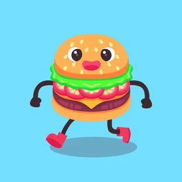 Cute Running Burger Character Flat Vector Illustration Stock Illustration