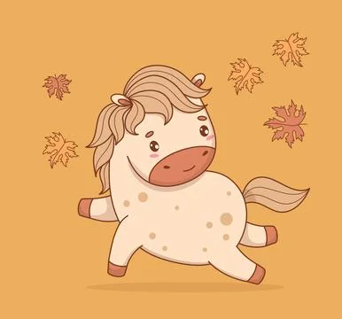 Cute Running Playful Horse with Falling Autumn Maple Leaves. Funny Little k.. Stock Illustration