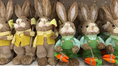 Cute Rustic Easter Bunny Figurines With Straw Texture And Spring Outfits 스톡 동영상 327796091