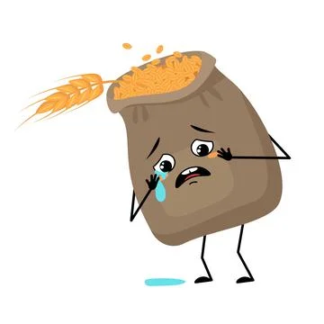 Cute sack of wheat and ear character with crying and tears emotion Stock Illustration