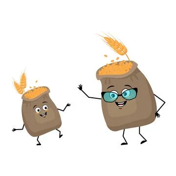 Cute sack of wheat and ear character with glasses and grandson dancing with Stock-Illustration