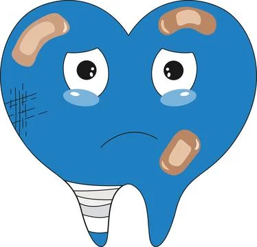 Cute Sad Blue Tooth Character with Bandages, dental mascot Stock Illustration