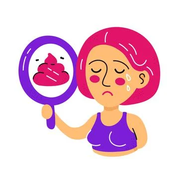 Cute sad cry woman look at mirror and see poop. Vector flat cartoon kawaii Stock Illustration