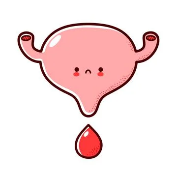 Cute sad funny human bladder organ character with blood drop. Vector flat line Stock Illustration