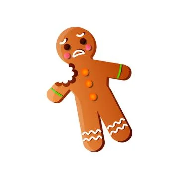 Cute sad gingerbread man with bite hand part Illustrazione stock