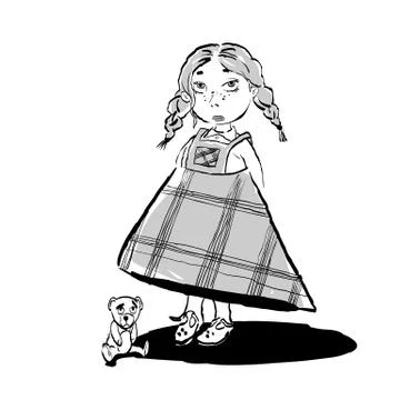 Cute sad girl and teddi bear. Girl in plaid skirt Stock Illustration