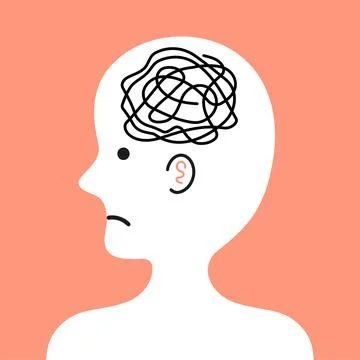 Cute sad human character with with tangle of messy thoughts in head. Vector hand Stock Illustration