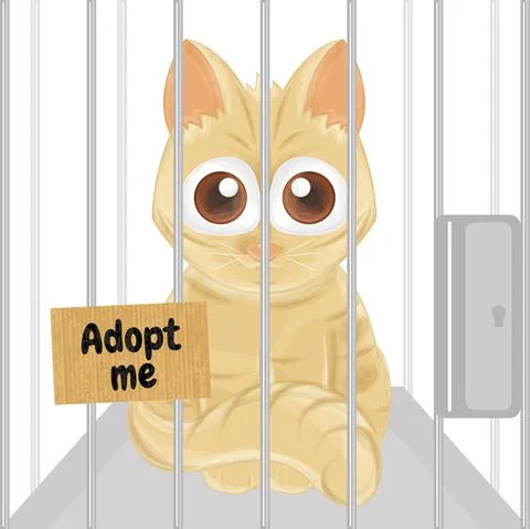 Cute sad kitty in a cage Pet adoption Vector Stock Illustration