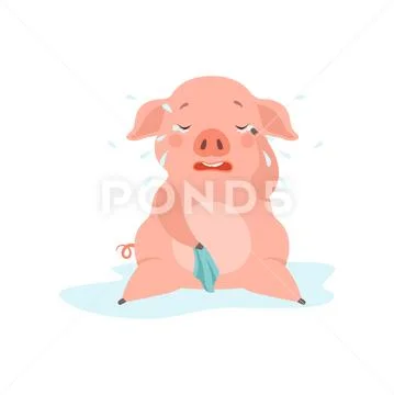 Cute sad little pig crying, funny piglet cartoon character vector Illustration Stock Illustration
