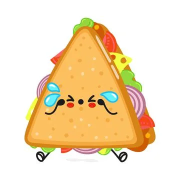 Cute sad sandwich character. Vector hand drawn cartoon kawaii character illus Stock Illustration