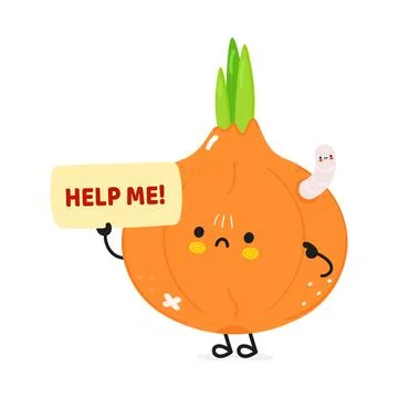 Cute sad sick Onion asks for help character. Vector hand drawn cartoon kawa.. Stock Illustration