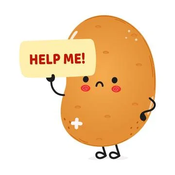 Cute sad sick Potato asks for help character. Vector hand drawn cartoon kaw.. Stock Illustration