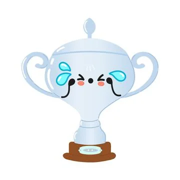 Cute sad silver trophy cup character. Vector hand drawn cartoon kawaii charac Stock Illustration