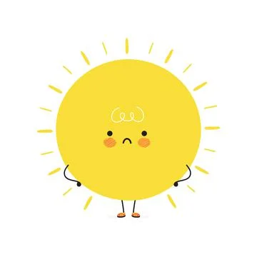 Cute sad Sun character. Vector hand drawn cartoon kawaii character illustration Stock Illustration
