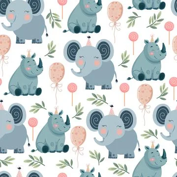 Cute Safari Birthday Seamless Pattern with Elephant and Rhino. Adorable jun.. Stock Illustration