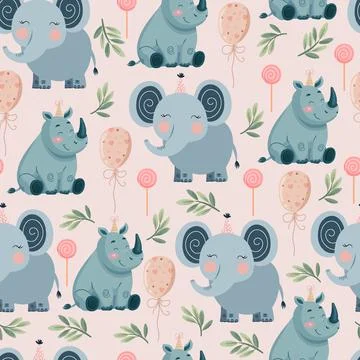 Cute Safari Birthday Seamless Pattern with Elephant and Rhino. Adorable jun.. Stock Illustration