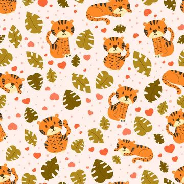 Cute safari pattern with cyte tiger character in different poses, ornament fo 스톡 일러스트