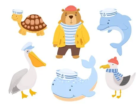 Cute sailor bear, seagull, turtle and dolphin. Funny vector illustrations set of Stock Illustration
