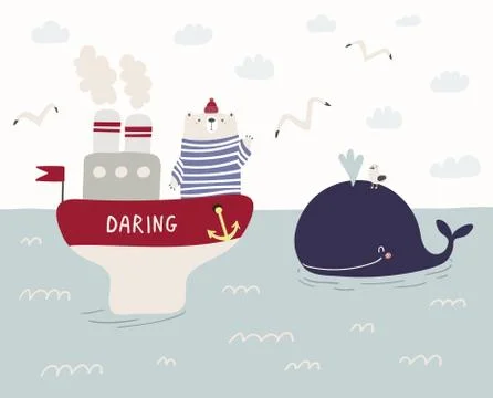 Cute sailor bear on a ship Stock Illustration
