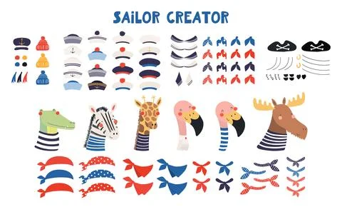 Cute sailor character creator, isolated illustration set. Stock Illustration