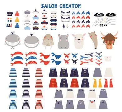Cute sailor character creator, isolated illustration set. Stockillustratie