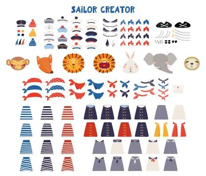 Cute sailor character creator, isolated illustration set. Stock Illustration