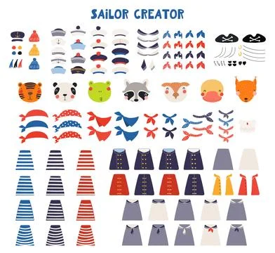 Cute sailor character creator, isolated illustration set. Иллюстрация