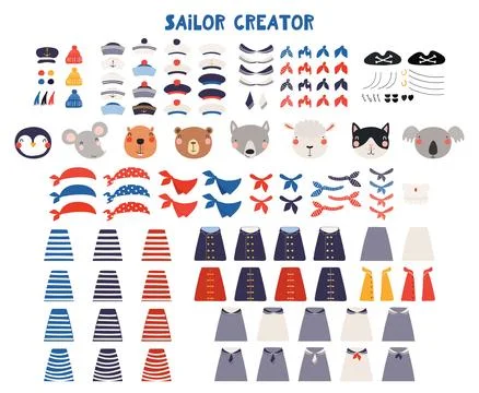 Cute sailor character creator, isolated illustration set. Stockillustratie