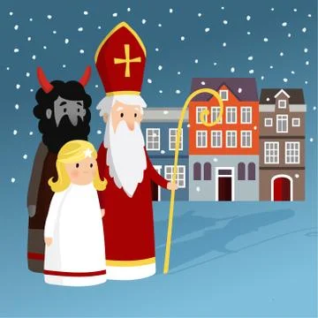 Cute Saint Nicholas with angel, devil, old town houses and falling snow 스톡 일러스트
