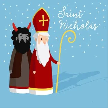 Cute Saint Nicholas with devil and falling snow. Christmas invitation card Stockillustratie
