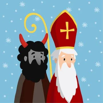 Cute Saint Nicholas with devil and falling snow. Christmas invitation card Stock Illustration