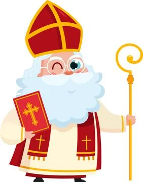 Cute Saint Nicholas or Sinterklaas Cartoon Character With Bible And Scepter 스톡 일러스트