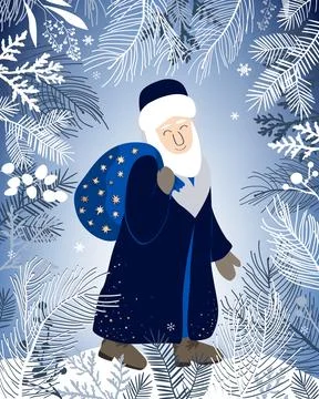 Cute Saint Nicholas walking through the winter forest with a gift sack. Carto Stock Illustration