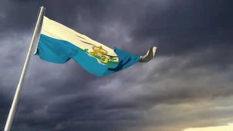 Cute San Marino flag on massive dark clouds backdrop - abstract 3D rendering Stockillustratie