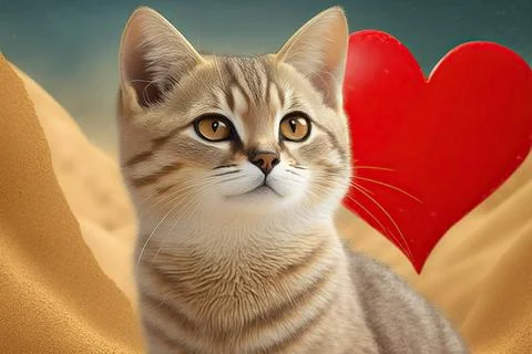 Cute  Sand Cat, isolated on a background with red hearts Stock Illustration