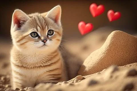 Cute  Sand Cat, isolated on a background with red hearts Stock Illustration