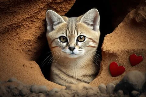 Cute  Sand Cat, isolated on a background with red hearts Stock Illustration