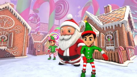 Cute Santa and elfs dancing salsa in a candy village. Seamless funny Christmas Video stock 100191561