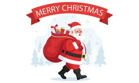 Cute Santa Bring Present in Sack. Fore card, background, banner Christmas and Stock Illustration