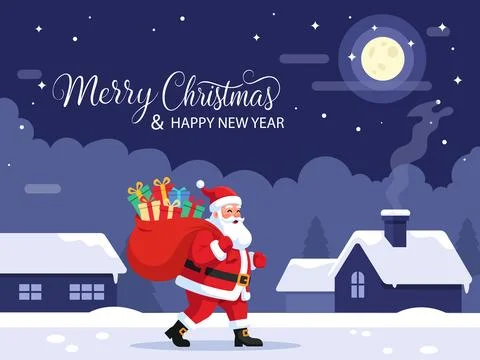 Cute Santa Bring Present in Sack. Fore card, background, banner Christmas and Stock Illustration