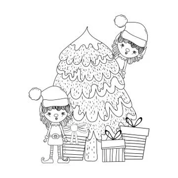 Cute santa helpers with pine tree Stock Illustration