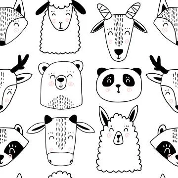 Cute scandinavian animal seamless pattern. Panda sheep goat lama bear bear deer Illustrazione stock